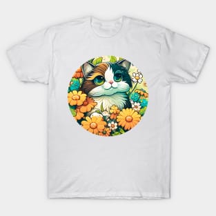 Happy Cute Cat In Flowers - Floral kitty - Cat Filled With Flowers T-Shirt
